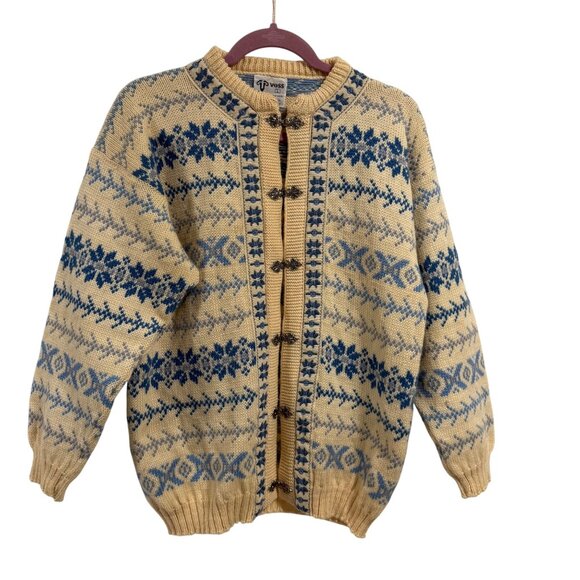 Vintage Voss Fair Isle Pewter Clasp Cardigan Blue Cream Sweater Norway - Picture 1 of 8